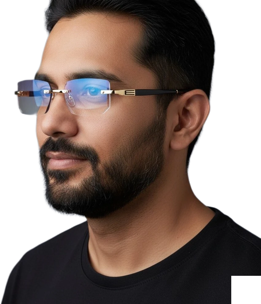 Man wearing gold rimless reading glasses